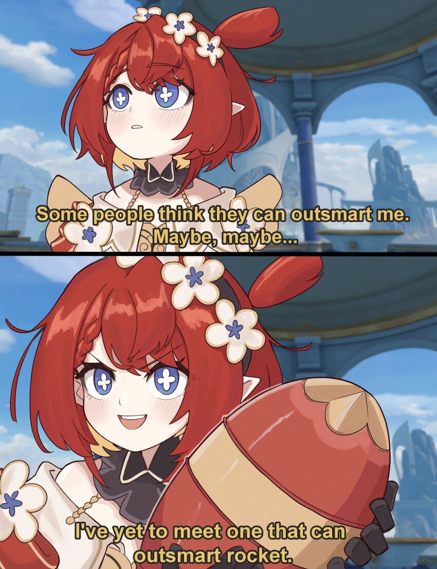 1girl :d absurdres bare_shoulders black_gloves blue_eyes blue_sky bright_pupils commentary day flower game_screenshot_background gloves hair_flower hair_ornament hairband heavy_(tf2) highres holding honkai:_star_rail honkai_(series) meet_the_team open_mouth outdoors pianobat pointy_ears red_hair screenshot_background short_hair sky smile solo team_fortress_2 tribbie_(honkai:_star_rail) upper_body v-shaped_eyebrows white_flower white_pupils