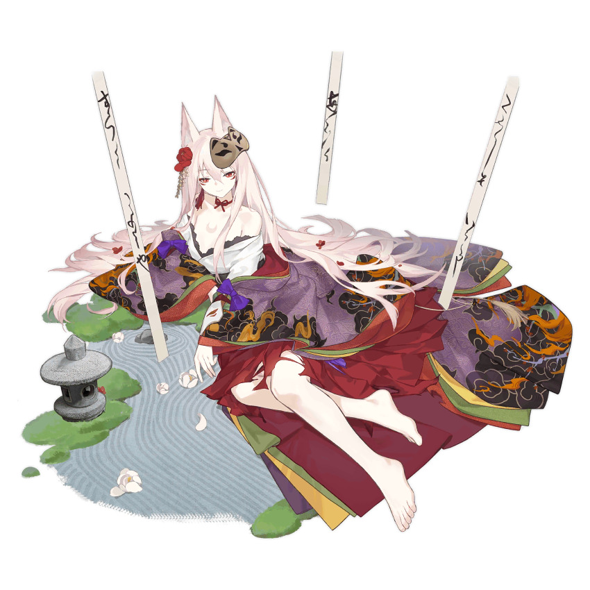 1girl animal_ears bare_legs barefoot breasts chest_tattoo closed_mouth cloud_print crescent_tattoo feet flower fox_ears full_body girls&#039;_frontline grass hair_between_eyes hair_flower hair_ornament hakama hakama_skirt highres japanese_clothes kar98k_(girls&#039;_frontline) kar98k_(inari_at_hatsu-uma_festival)_(girls&#039;_frontline) kemonomimi_mode kimono layered_kimono legs long_hair lying mask mask_on_head neck_ribbon off_shoulder official_alternate_costume official_art on_side purple_kimono red_flower red_hakama red_ribbon ribbon rock rock_garden simple_background skirt small_breasts smile smile_(mm-l) solo stone_lantern tanuki_mask tattoo third-party_source toes torn_clothes torn_skirt transparent_background very_long_hair white_flower white_hair white_kimono wide_sleeves