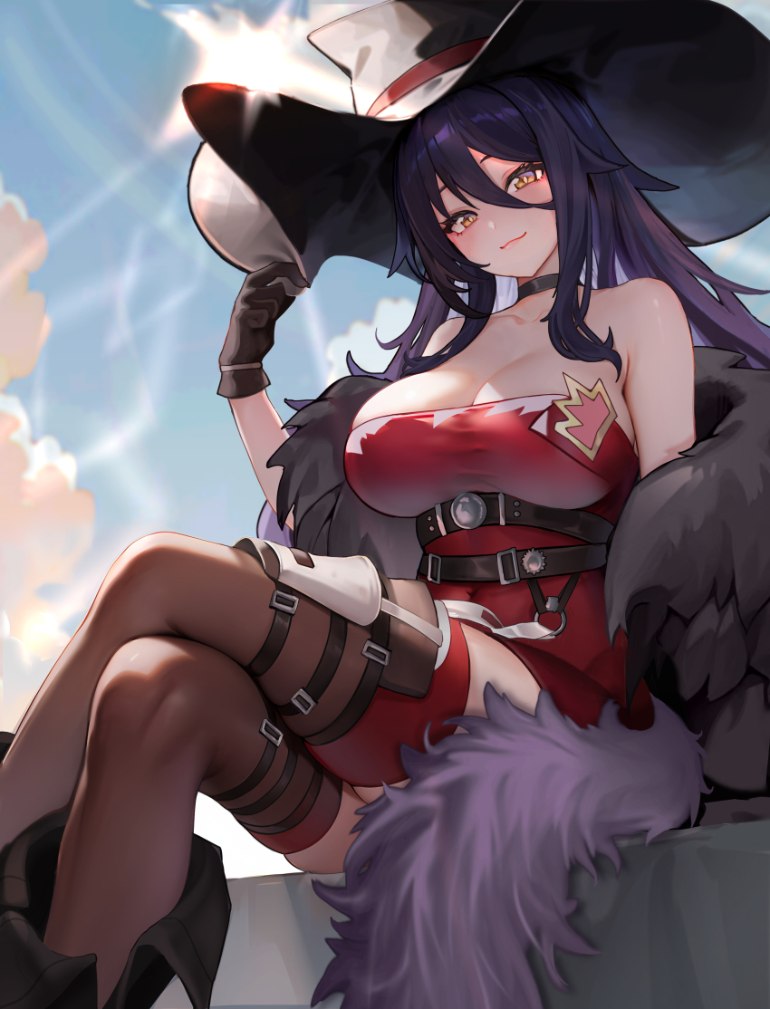 1girl absurdres adjusting_clothes adjusting_headwear bare_shoulders belt black_boots black_choker black_hair black_hat blue_sky blush boots breasts brown_gloves brown_thighhighs character_request choker cleavage closed_mouth cloud cloudy_sky collarbone commentary commission copyright_request crossed_legs dress gloves hair_between_eyes hat highres large_breasts lips long_bangs long_eyelashes long_hair looking_at_viewer medium_breasts off_shoulder orange_eyes original outdoors pixiv_commission red_dress short_dress sitting sky sly smile solo sunlight thighhighs witch_hat yoyoleaf