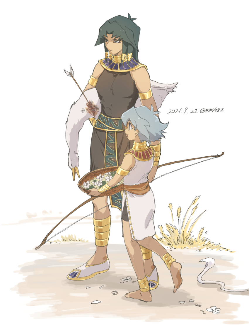 2boys ancient_egyptian_clothes animal anklet armlet arrow_(projectile) barefoot basket bird black_robe blue_hair bow_(weapon) brothers closed_mouth cobra_(animal) dated dead_animal duck full_body highres holding holding_animal holding_basket jewelry male_focus marufuji_ryo marufuji_sho moiko multiple_boys robe siblings snake twitter_username weapon white_background white_footwear white_robe yu-gi-oh! yu-gi-oh!_gx