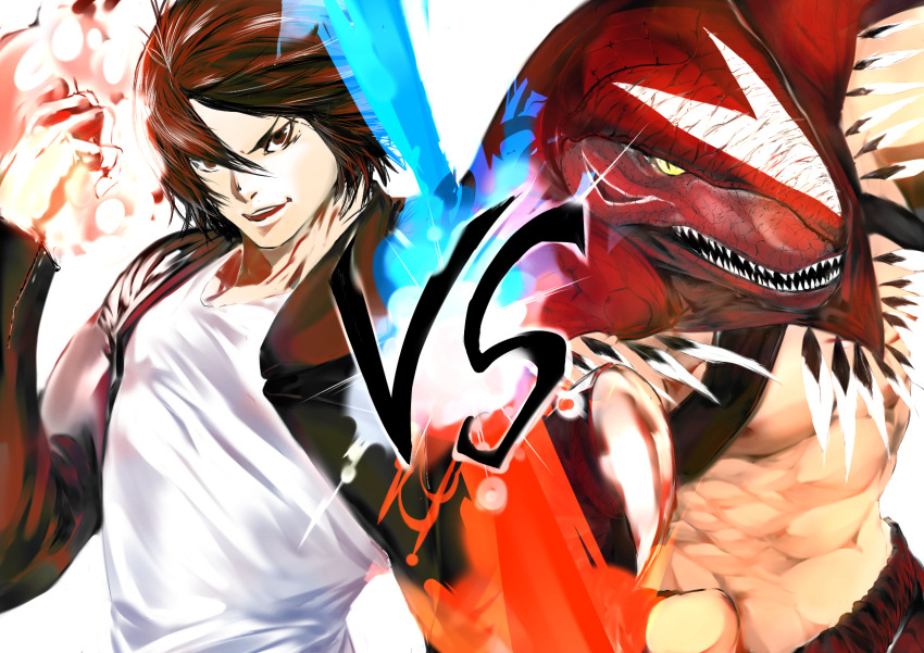 2boys highres jacket king_of_dinosaurs kusanagi_kyou multiple_boys muscular the_king_of_fighters