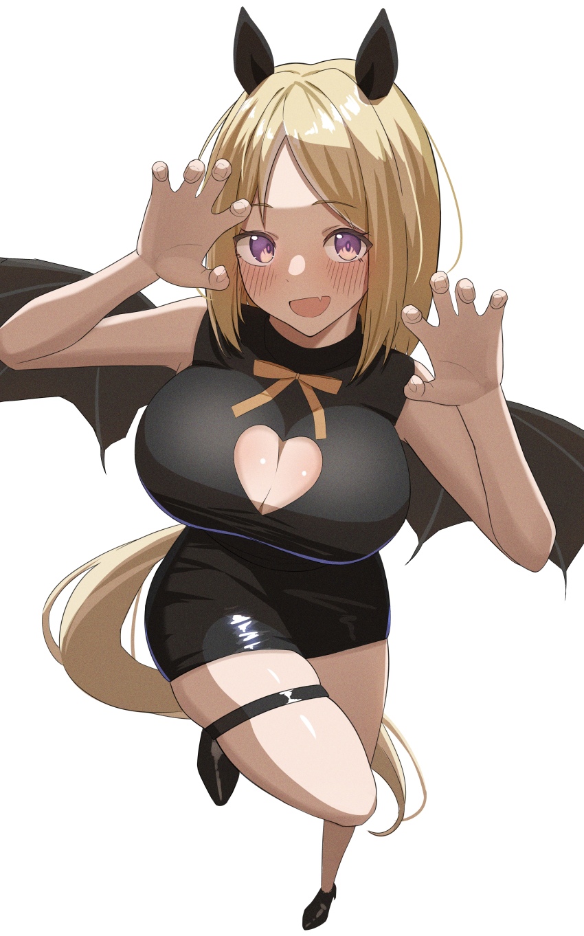 1girl absurdres alternate_costume animal_ears bare_shoulders black_dress black_shoes blonde_hair blush breasts claw_pose commentary_request dress ear_covers fake_wings from_above full_body halloween high_heels highres horse_ears horse_girl horse_tail large_breasts looking_at_viewer nanami_haru narita_top_road_(umamusume) open_mouth parted_bangs purple_eyes shoes sleeveless sleeveless_dress smile solo tail thigh_strap umamusume white_background wings