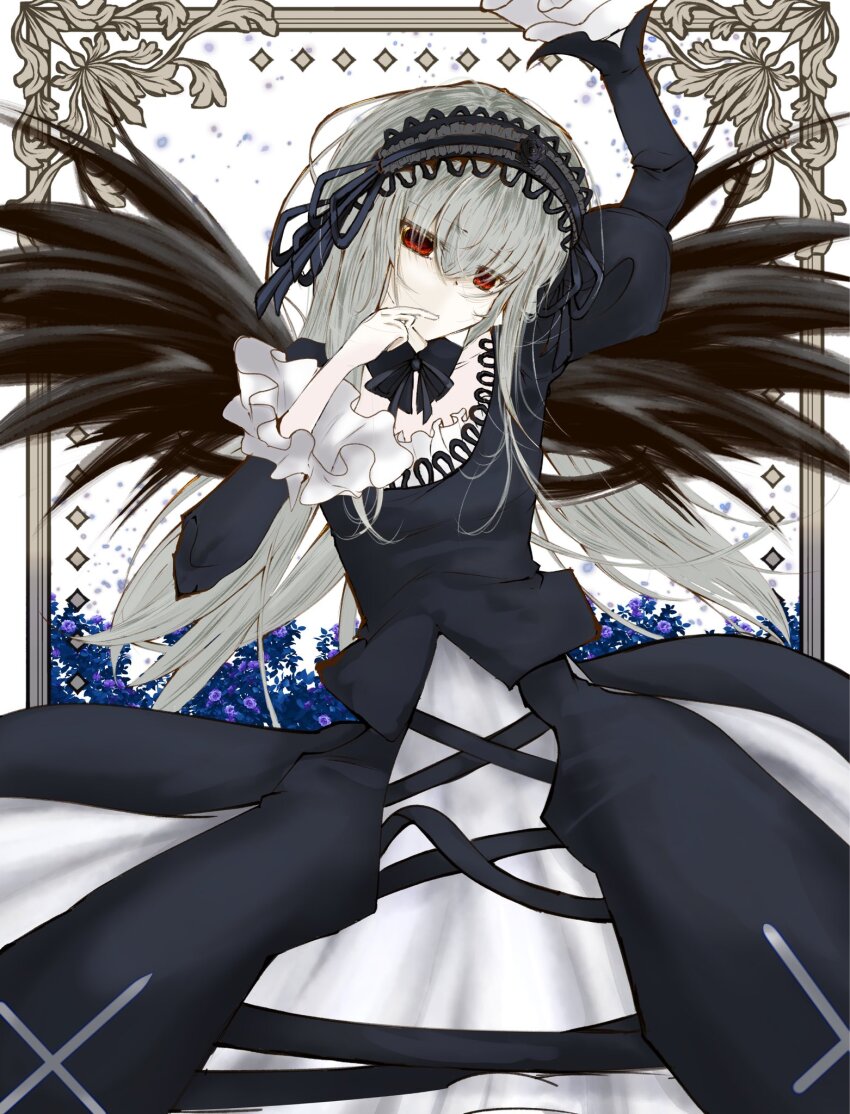 bad_tag black_bow black_flower black_jacket black_ribbon black_rose black_wings bow flower goth_fashion gothic_lolita hand_on_own_face highres jacket lolita_fashion looking_at_viewer melancholy painting_(object) pale_skin picture_frame purple_flower purple_rose red_eyes reversed_cross ribbon rose rozen_maiden small_hands suigintou white_hair wings