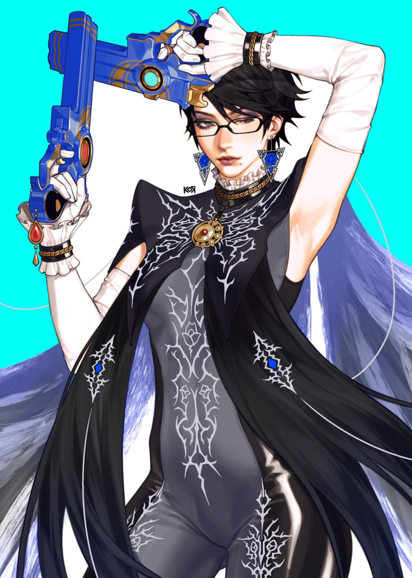 1girl bayonetta bayonetta_(series) black_hair bodysuit cowboy_shot glasses gloves gun highres koro_dou lipstick makeup mole mole_under_mouth nose realistic short_hair solo weapon