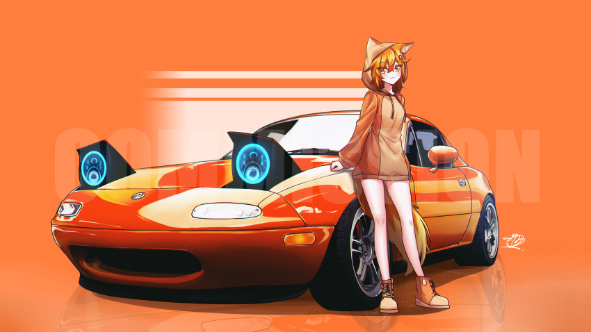 1girl absurdres animal_ear_fluff animal_ears blush bottomless breasts car commission drawstring eunos_roadster fox_ears fox_girl fox_tail highres hood hood_up hoodie looking_at_viewer mazda mazda_mx-5 mazda_mx-5_na medium_breasts mizzterbii motor_vehicle orange_background orange_hair orange_hoodie orange_shoes senko_(sewayaki_kitsune_no_senko-san) sewayaki_kitsune_no_senko-san shoes signature smile sneakers solo sports_car tail vehicle_focus watermark