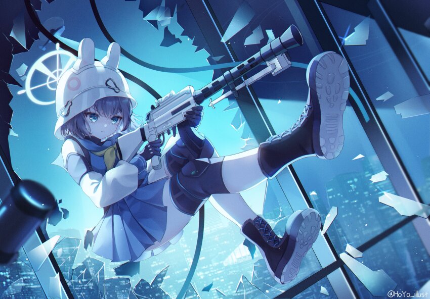 1girl absurdres animal_ear_headwear animal_ears black_footwear black_gloves blue_archive blue_eyes blue_hair blue_sailor_collar blue_serafuku blue_shirt blue_skirt breaking_through_window broken_glass bucket_hat city_lights closed_mouth combat_helmet commentary fake_animal_ears full_body glass gloves gun halo hard_hat hat helmet highres holding holding_weapon hoyo_illust knee_pads lahti-saloranta_m/26 long_sleeves looking_ahead neckerchief night night_sky pleated_skirt puffy_long_sleeves puffy_sleeves sailor_collar saki_(blue_archive) school_uniform serafuku shattered shirt short_hair skirt sky solo turtleneck weapon white_halo white_hat white_helmet yellow_neckerchief