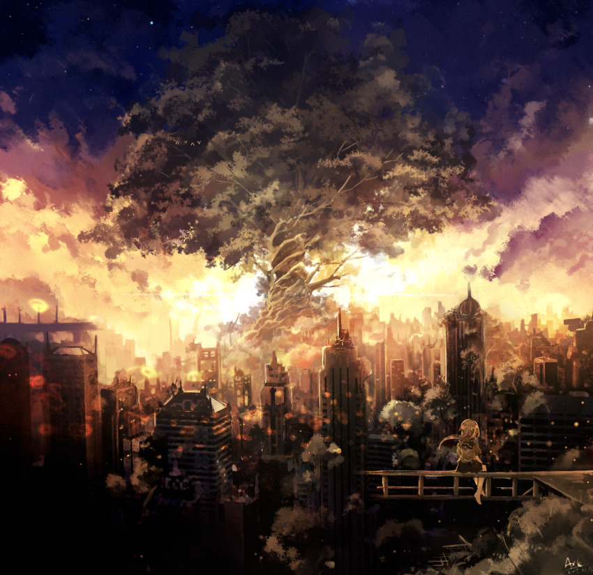 1girl axleaki barefoot building city cityscape cloud cloudy_sky commentary dated floating_hair from_behind highres long_hair night night_sky original outdoors scenery short_sleeves signature sitting skirt sky skyscraper solo star_(sky) starry_sky sunlight sunset tree yggdrasil