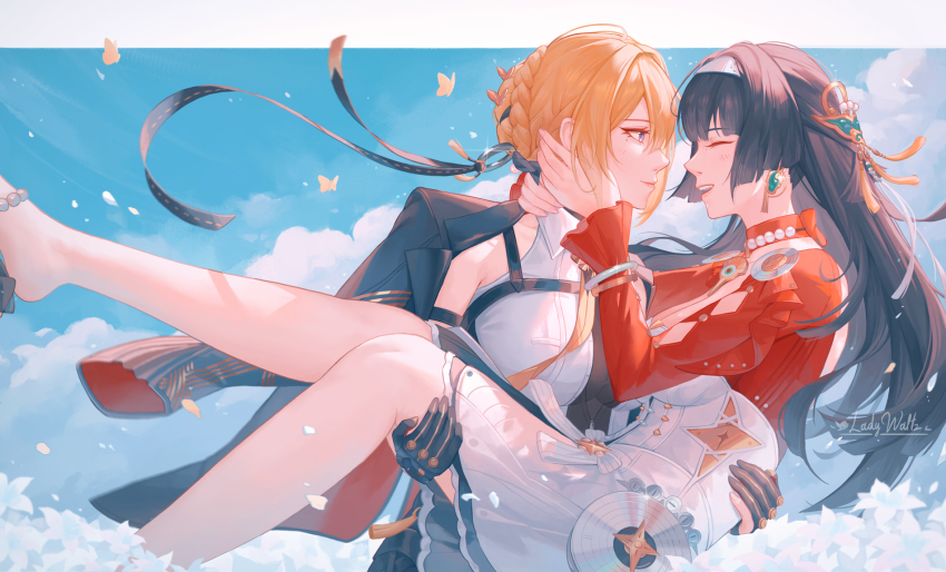 2girls astra_yao black_gloves black_hair black_jacket black_ribbon blonde_hair blue_eyes breasts carrying closed_eyes closed_mouth commentary couple dress earrings english_commentary evelyn_chevalier facing_another gloves hair_ornament hairband hand_on_another&#039;s_face happy highres jacket jacket_on_shoulders jewelry ladywaltz large_breasts laughing long_hair long_ribbon looking_at_another mole mole_under_eye multiple_girls necktie open_mouth princess_carry red_jacket ribbon ring_hair_ornament shirt short_hair sidelocks smile white_dress white_hairband white_shirt yellow_necktie yuri zenless_zone_zero