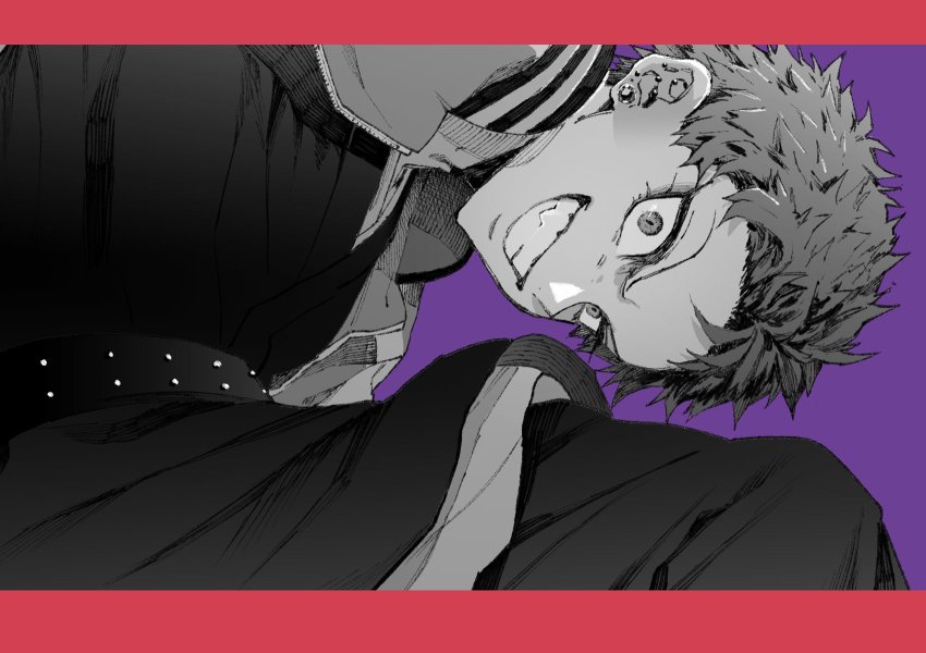 1boy border ear_piercing eyelashes grin harai_kuko highres hypnosis_mic jacket japanese_clothes jewelry letterman_jacket looking_at_viewer maki_keigo male_focus monochrome piercing purple_background red_border simple_background smile solo upper_body