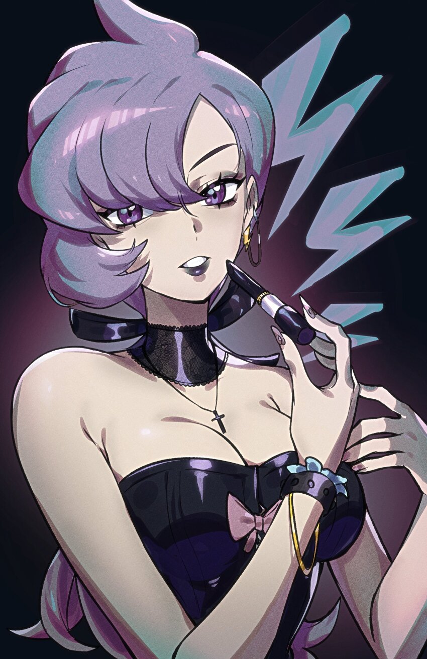 1girl absurdres aegyo_sal anabel_(pokemon) bare_shoulders black_lips breasts cleavage cosmetics earrings goth_fashion highres holding holding_lipstick_tube jewelry lipstick lipstick_tube long_hair looking_at_viewer makeup medium_breasts nintendo pokemon pokemon_sm purple_eyes purple_hair ryairyai single_earring solo upper_body