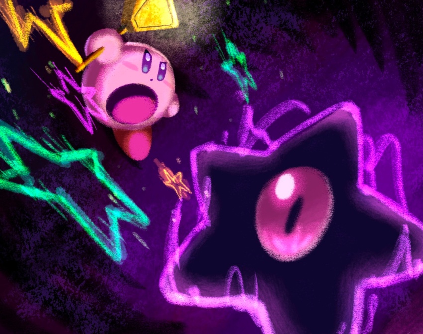 aruco_co aura blue_eyes dark dark_aura dark_nebula fighting floating hashtag-only_commentary highres holding holding_wand kirby kirby:_squeak_squad kirby_(series) nintendo no_humans parted_lips purple_eyes star_(symbol) triple_star wand