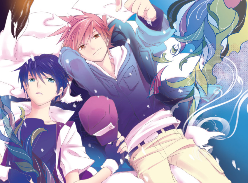 00s 1990s_(style) 2boys bad_id bad_pixiv_id baseball_cap belt black_hair blue_oak blue_oak_(pokemon_hgss) brown_eyes brown_hair fingerless_gloves gloves green_eyes hat holding jacket kuronomine lying multiple_boys nintendo pokemon pokemon_gsc pokemon_hgss pokemon_rgby red_(pokemon) retro_artstyle short_hair smile spiked_hair unworn_hat unworn_headwear
