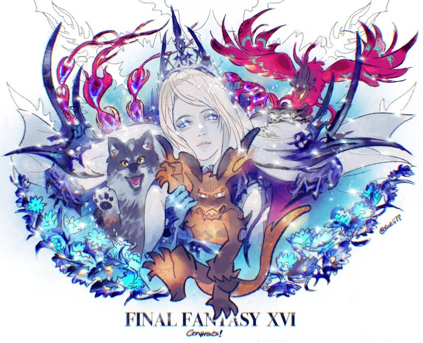 1girl animal animal_hug armor baby_animal bird blue_eyes blue_flower blue_skin chibi clive_rosfield colored_skin dog final_fantasy final_fantasy_xvi floating_hair flower glowing glowing_eyes gradient_skin hair_ornament highres holding holding_animal ifrit_(final_fantasy) jewelry jill_warrick joshua_rosfield looking_at_viewer phoenix_(final_fantasy) puppy sae_(suzuki4866) shiva_(final_fantasy) simple_background smile tiara torgal_(ff16) waving_arm white_hair