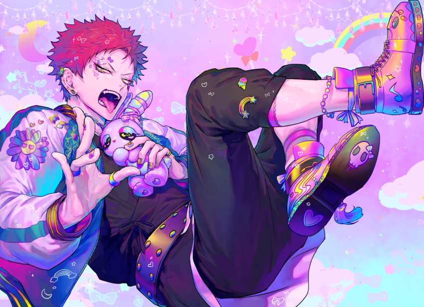 1boy black_pants chain ear_piercing eyelashes fangs full_body harai_kuko hypnosis_mic jacket jewelry letterman_jacket long_sleeves open_mouth pants piercing red_hair ring short_hair solo spiked_hair stuffed_animal stuffed_rabbit stuffed_toy teeth tori_shiru yellow_eyes