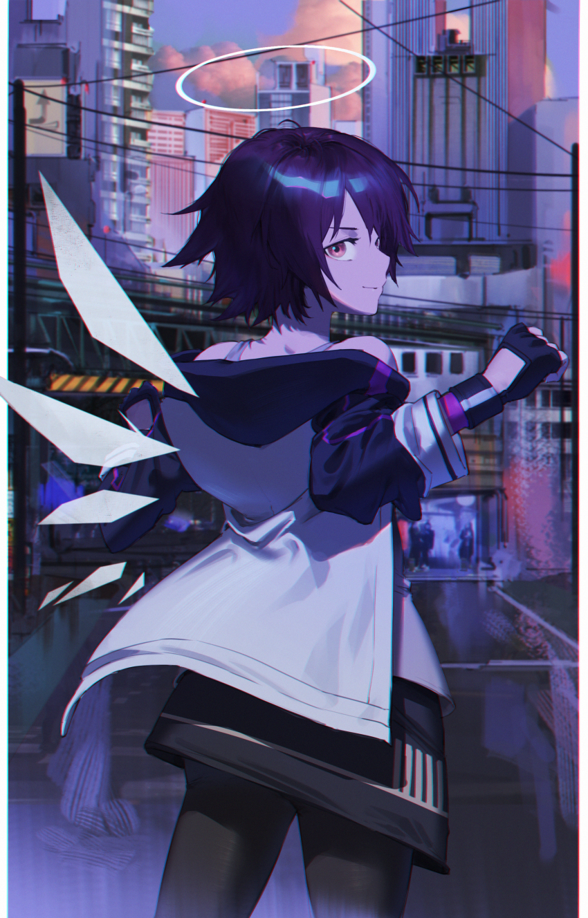1girl absurdres arknights bare_shoulders black_gloves black_pantyhose black_skirt commentary_request cowboy_shot danzir exusiai_(arknights) gloves halo highres jacket long_sleeves outdoors pantyhose purple_hair short_hair skirt solo standing white_jacket