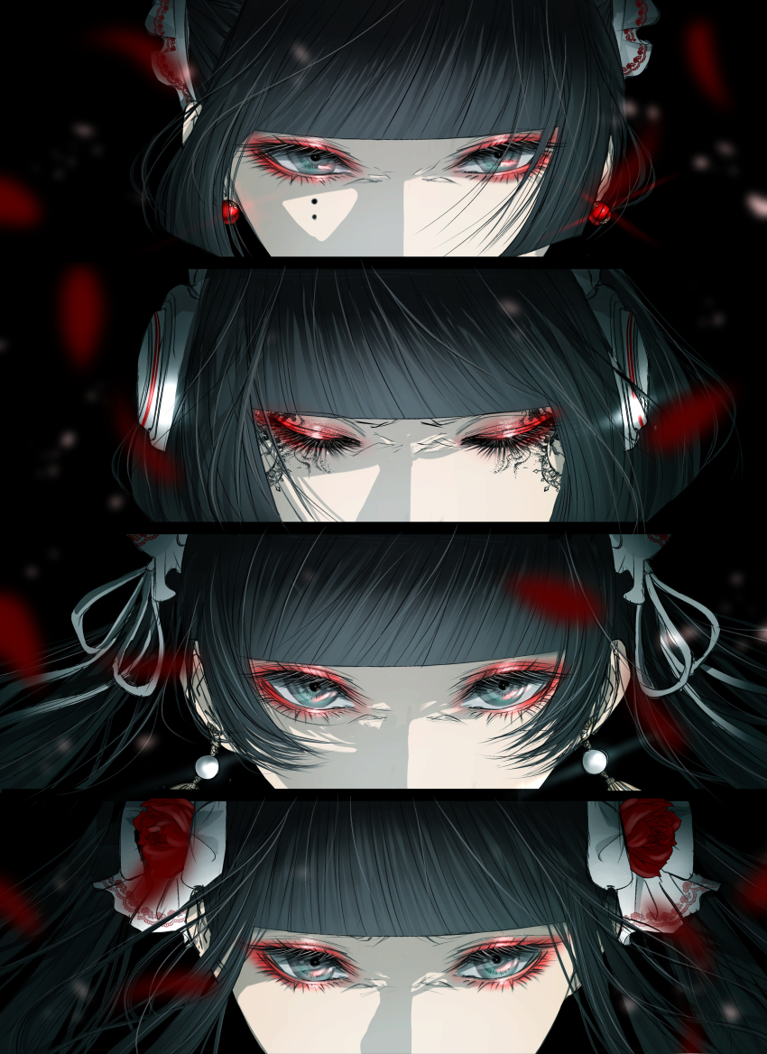 4girls absurdres black_hair blunt_bangs closed_eyes earrings eyelashes eyeshadow facial_tattoo falling_petals hair_ornament highres jewelry long_eyelashes long_hair looking_at_viewer maid maid_headdress makeup mole mole_under_eye multiple_girls multiple_moles original persona_eyes petals red_eyeshadow satsuki_kei sidelocks tattoo