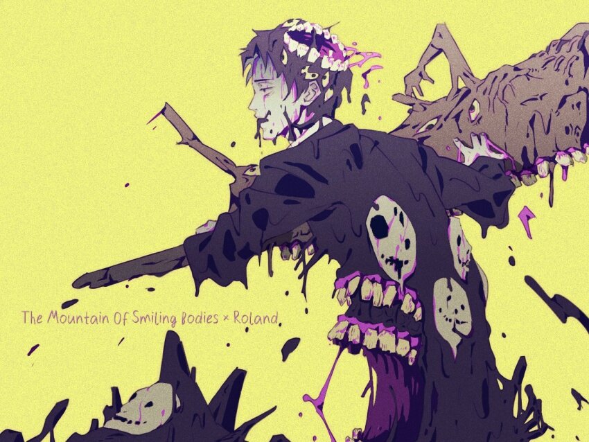 1boy black_coat black_eyes black_hair blood character_name coat e.g.o_(project_moon) extra_mouth extra_teeth holding holding_weapon library_of_ruina long_sleeves mountain_of_smiling_bodies obobkkp open_mouth project_moon purple_blood roland_(project_moon) simple_background smile_(e.g.o) solo weapon yellow_background