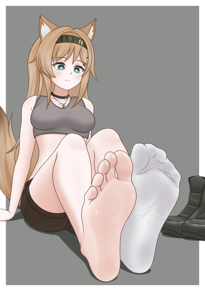 1girl animal_ears arknights barefoot blue_eyes boots brown_hair feet flickmann_ss hairband highres horn_(arknights) light_blush long_hair shoes shorts single_sock socks soles tail toes unworn_boots unworn_shoes white_socks