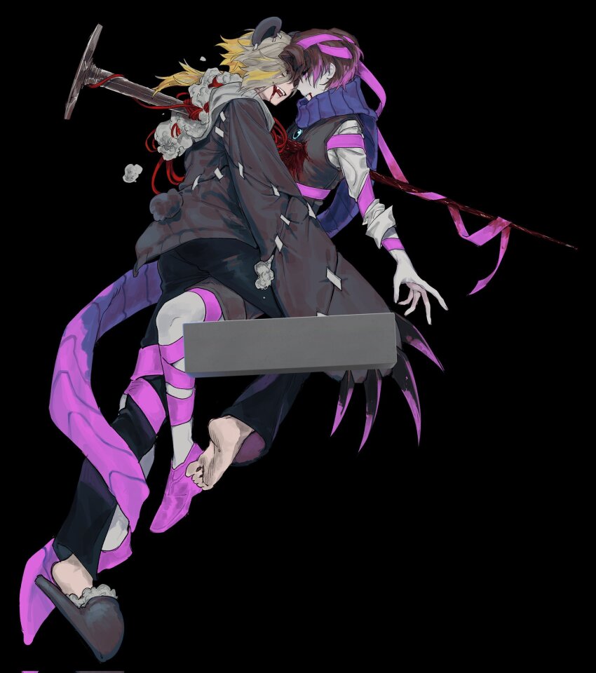 1boy 1girl animal_ears bear_ears bear_girl black_background black_hair blonde_hair blood blood_on_clothes blood_on_face blue_scarf bound demian_(project_moon) e.g.o_(project_moon) fuku0275 full_body hex_nail_(e.g.o) highres kromer_(project_moon) limbus_company multicolored_hair nail_(hardware) pants pink_ribbon project_moon ribbon ribbon_bondage scarf short_hair simple_background smirk white_hair