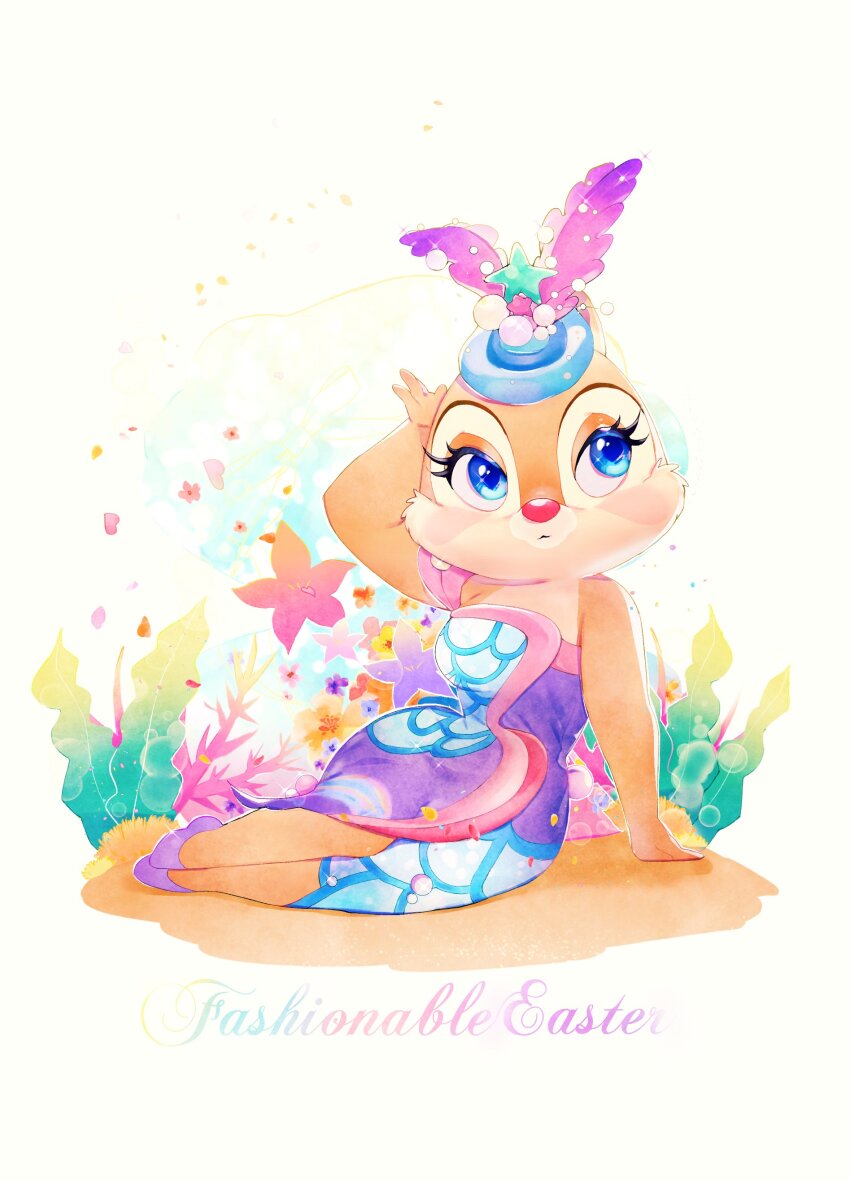 1girl absurdres alternate_costume blue_eyes bow chipmunk_ears chipmunk_girl clarice_(disney) closed_mouth disney disneyland dress easter eyelashes hat highres looking_at_viewer mickey_mouse_&amp;_friends rl10_02 sailor_dress sailor_hat solo translation_request