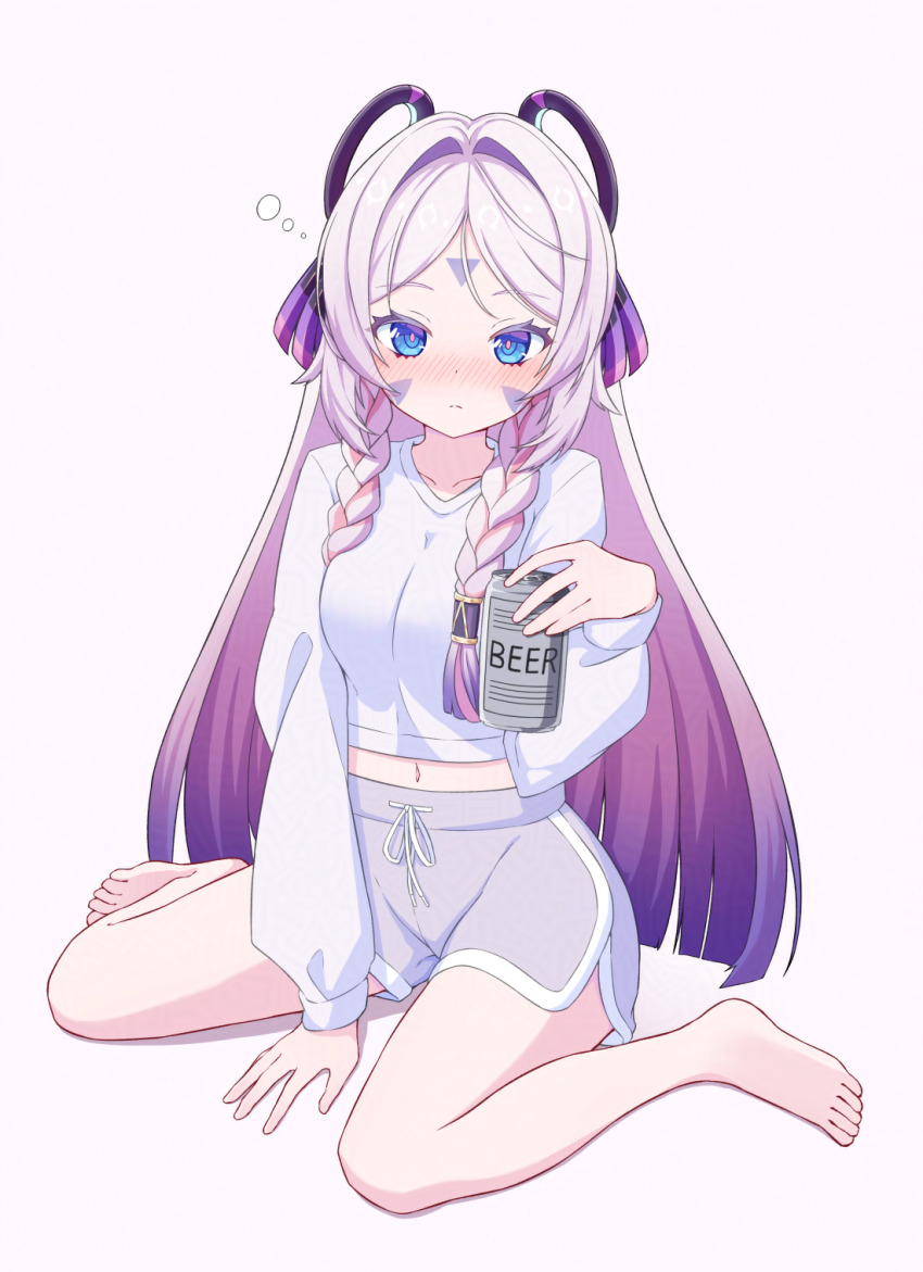 1girl barefoot beer_can between_legs blue_eyes blush braid breasts can citlali_(genshin_impact) closed_mouth collarbone commentary_request crop_top dolphin_shorts drink_can facial_mark forehead_mark full_body genshin_impact grey_hair grey_shorts hair_between_eyes hair_over_shoulder hand_between_legs highres holding holding_can long_hair long_sleeves looking_at_viewer medium_breasts midriff navel nenosame nose_blush parted_bangs pink_background puffy_long_sleeves puffy_sleeves purple_hair shirt short_shorts shorts side_braid simple_background sitting solo twin_braids very_long_hair wariza white_shirt