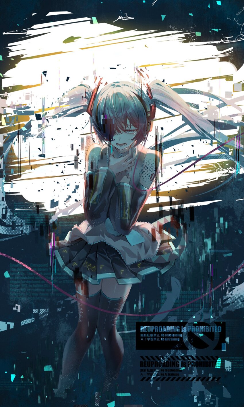 1girl aqua_eyes aqua_hair bare_shoulders black_skirt blue_eyes blue_hair blue_nails crying crying_with_eyes_open detached_sleeves digital_dissolve hair_between_eyes hair_ornament hair_over_one_eye hands_on_own_chest hatsune_miku hatsune_miku_no_shoushitsu_(vocaloid) headset highres long_hair murumuru_(pixiv51689952) open_mouth pleated_skirt shirt shoulder_tattoo skirt smile solo tattoo tears thighhighs twintails very_long_hair vocaloid zettai_ryouiki