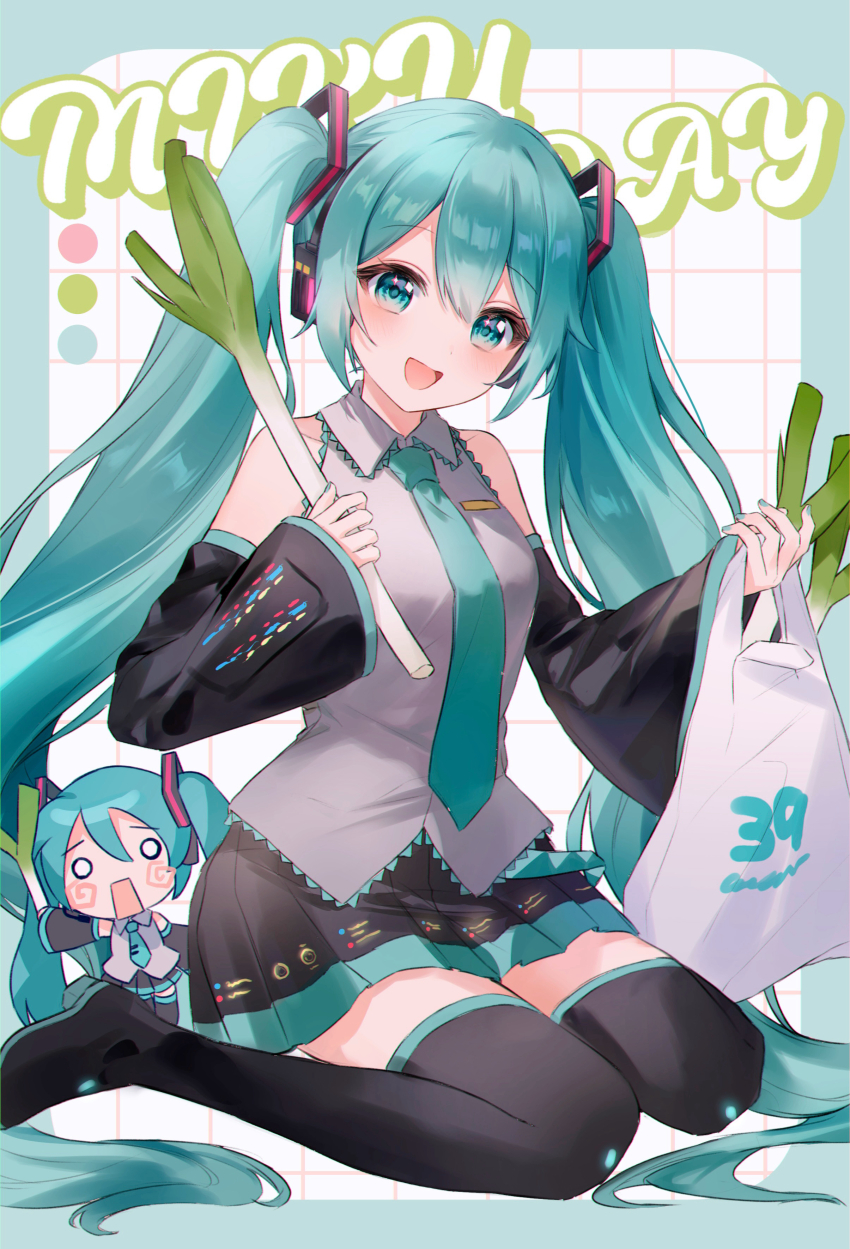 1girl :d absurdres bag black_boots black_skirt black_sleeves blue_eyes blue_hair blue_necktie blue_trim boots collared_shirt detached_sleeves food grey_shirt hachune_miku hair_between_eyes hair_ornament harutoto hatsune_miku headphones highres holding holding_bag holding_food holding_spring_onion holding_vegetable long_hair miku_day miniskirt necktie open_mouth pleated_skirt shirt sitting skirt sleeveless sleeveless_shirt smile solo spring_onion thigh_boots thighhighs twintails vegetable very_long_hair vocaloid wariza wing_collar zettai_ryouiki
