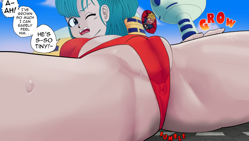 1boy 1girl absurdres ass bikini blue_eyes blue_hair blue_shirt bulma cameltoe dragon_ball female_focus female_orgasm giant giantess growth hetero highres horny_girl internal_view leafyfeathers macrophilia no-pubic_hair orgasm puffy_vulva pussy_focus pussy_juice red_bikini shirt side_ponytail size_difference speech_bubble sweat swimsuit t-shirt thighs thong thong_bikini unbirth unbirthing vore