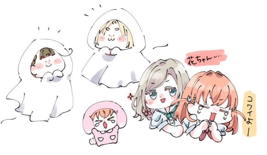 &gt;_&lt; ._. 1girl :3 :d :o =_= blonde_hair blue_dress blue_eyes brown_hair center-flap_bangs ceras_yanagida_lilienfeld closed_eyes closed_mouth commentary_request crying dress ghost_costume grey_hair hair_ornament hair_ribbon hasu_no_sora_school_uniform hinoshita_kaho kachimachi_kosuzu link!_like!_love_live! love_live! medium_hair moso_(expect66) open_mouth orange_hair osawa_rurino pink_ribbon rabbit_hair_ornament ribbon sailor_collar sailor_dress scared school_uniform short_eyebrows simple_background smile solo summer_uniform translation_request two_side_up v-shaped_eyebrows virtual_youtuber white_background white_sailor_collar