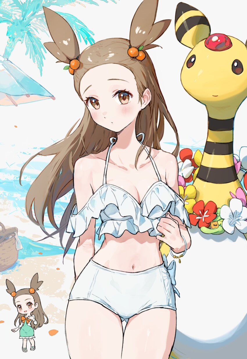 1girl alternate_costume ampharos basket beach bikini blush bracelet breasts brown_eyes brown_hair cleavage closed_mouth collarbone comfey commentary_request day flower gen_2_pokemon gen_7_pokemon hair_ornament highres jasmine_(pokemon) jewelry long_hair navel nintendo off-shoulder_bikini off_shoulder outdoors petals pokemon pokemon_(creature) pokemon_hgss sandals swimsuit tree two_side_up white_bikini yosame0a