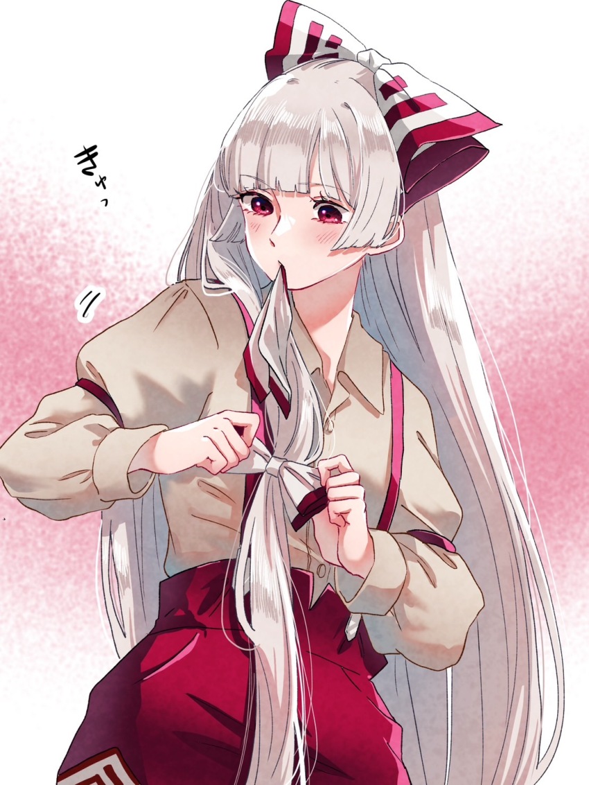 1girl blush bow fujiwara_no_mokou gradient_background hair_bow hair_ribbon highres long_hair long_sleeves mokoiscat mouth_hold pants pink_background red_eyes red_pants ribbon ribbon_in_mouth shirt solo touhou tying_hair very_long_hair white_background white_hair white_shirt