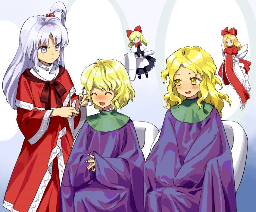 3girls ^_^ absurdres alice_margatroid alice_margatroid_(pc-98) apron barber_cape black_footwear blonde_hair blue_dress blue_eyes blush bow bowtie cape capelet chair closed_eyes collar commentary_request commission curtained_hair cutting_hair dot_nose dress feet_out_of_frame frilled_ribbon frills green_collar grey_eyes grey_hair hair_bobbles hair_dryer hair_ornament hair_salon half_updo highres holding holding_hair_dryer holding_ribbon hourai_doll kaigen_1025 long_dress long_hair long_sleeves medium_hair messy_hair multiple_girls neck_ribbon no_mouth nose_blush open_mouth own_hands_together parted_bangs puffy_short_sleeves puffy_sleeves purple_cape red_bow red_bowtie red_dress red_ribbon ribbon shanghai_doll shinki_(touhou) short_hair short_sleeves sitting sleeves_past_wrists smile sweatdrop swept_bangs touhou touhou_(pc-98) white_capelet white_collar white_trim wide_sleeves wings yellow_eyes yumeko_(touhou)