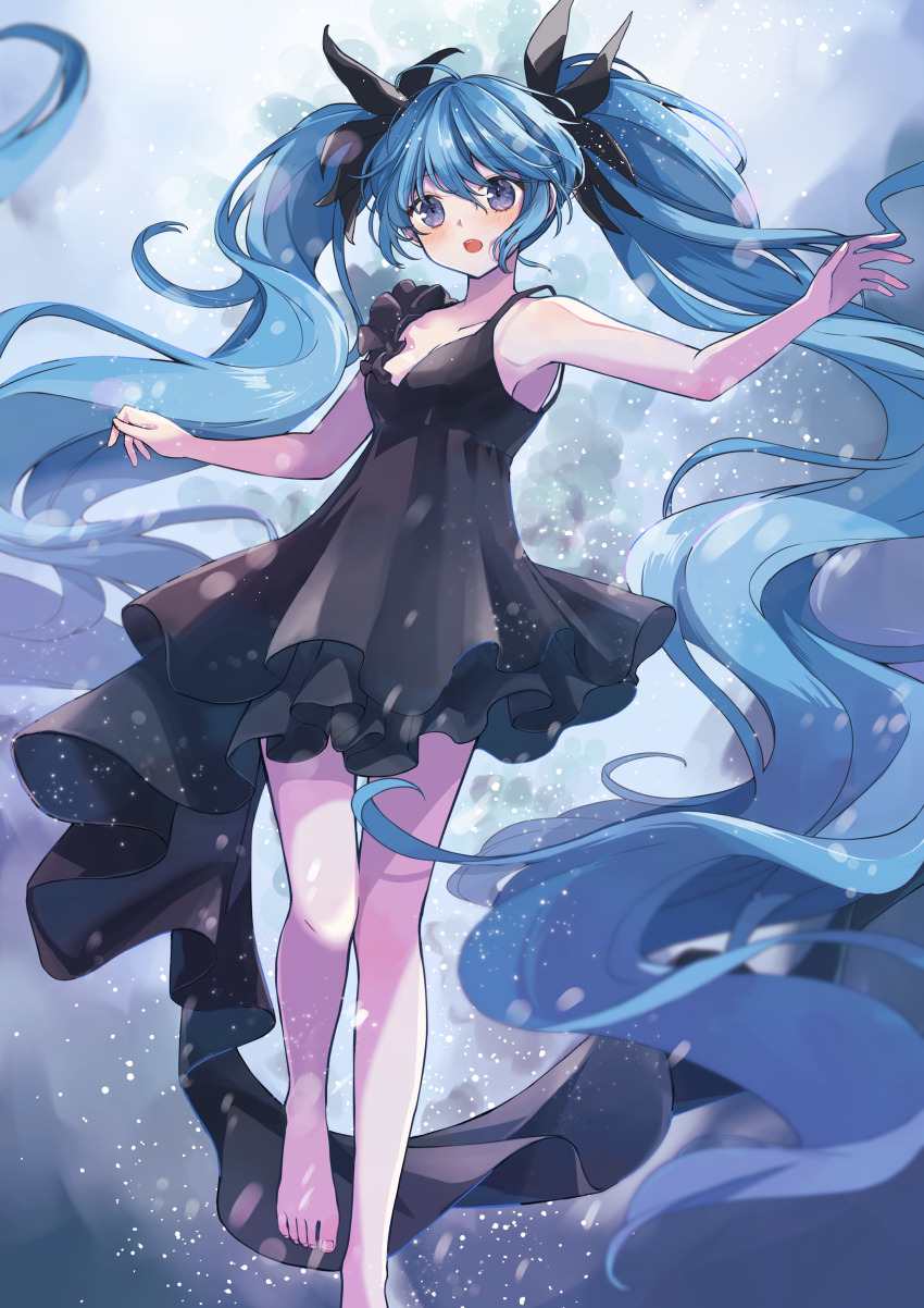 1girl absurdres animal asymmetrical_dress barefoot black_dress blue_eyes blue_hair blush breasts bubble commentary_request dress feet floating frilled_dress frills hair_ornament hatsune_miku highres long_hair nagitofuu open_mouth outstretched_arms shinkai_shoujo_(vocaloid) sideboob sleeveless sleeveless_dress solo toenails toes twintails underwater very_long_hair vocaloid water