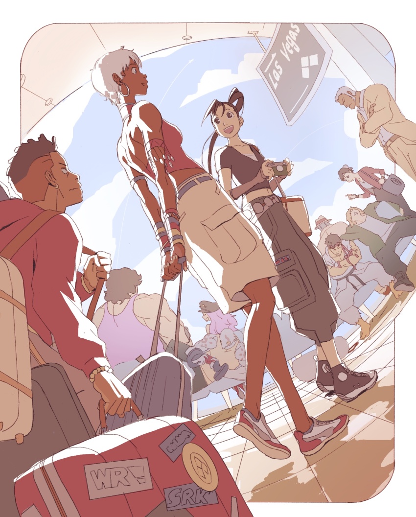 4girls 6+boys airport black_shirt brown_hair camera capcom chun-li dark-skinned_female dark-skinned_male dark_skin dougi earrings elena_(street_fighter) evolution_championship_series formal_clothes green_jacket highres hood hoodie hoop_earrings hugo_andore ibuki_(street_fighter) jacket jewelry ken_masters mohawk multiple_boys multiple_girls necro_(street_fighter) poison_(final_fight) ponytail puffy_pants q_(street_fighter) red_hoodie red_tank_top ryu_(street_fighter) sean_matsuda shirt short_hair shorts sitting smile street_fighter street_fighter_iii_(series) suit suitcase tank_top urien white_hair white_shorts wynton_redmond