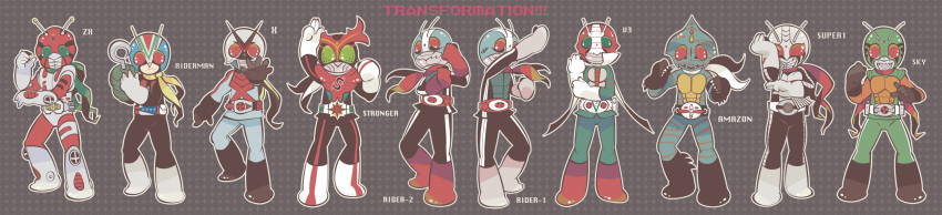 6+boys antennae chibi everyone highres kamen_rider kamen_rider_(1st_series) kamen_rider_1 kamen_rider_2 kamen_rider_amazon kamen_rider_amazon_(series) kamen_rider_stronger kamen_rider_stronger_(series) kamen_rider_super-1 kamen_rider_super-1_(series) kamen_rider_v3 kamen_rider_v3_(series) kamen_rider_x kamen_rider_x_(series) kamen_rider_zx long_image male_focus multiple_boys nekomaru_(noyado) new_kamen_rider nk_(pixiv405446) riderman scarf skyrider wide_image