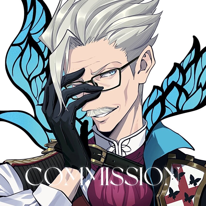 1boy ascot bad_id bad_twitter_id black-framed_eyewear black_gloves blue_eyes commission emblem facial_hair fate/grand_order fate_(series) glasses gloves grey_hair grin hand_on_own_face hand_up highres james_moriarty_(archer)_(fate) male_focus mature_male mustache one_eye_closed profile red_ascot ringo_orihara shirt simple_background smile solo teeth white_background white_shirt