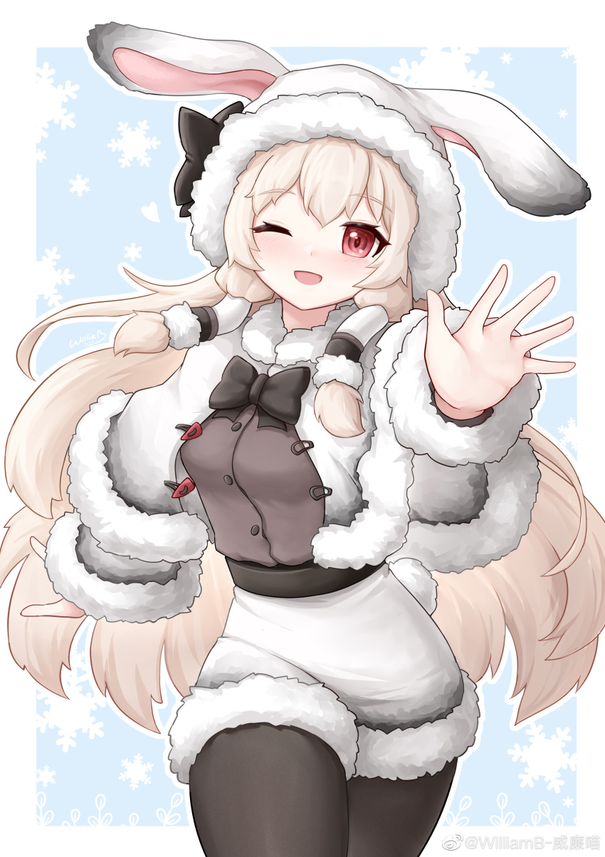 1girl ;d absurdres alternate_costume animal_ears animal_hood black_bow black_pantyhose blonde_hair blush bow capelet chaser_(warship_girls_r) fake_animal_ears fur-trimmed_capelet fur_trim highres hood long_hair long_sleeves looking_at_viewer low-tied_sidelocks one_eye_closed open_mouth pantyhose rabbit_ears rabbit_tail red_eyes shorts sidelocks smile snowflakes solo tail very_long_hair warship_girls_r white_shorts williamb