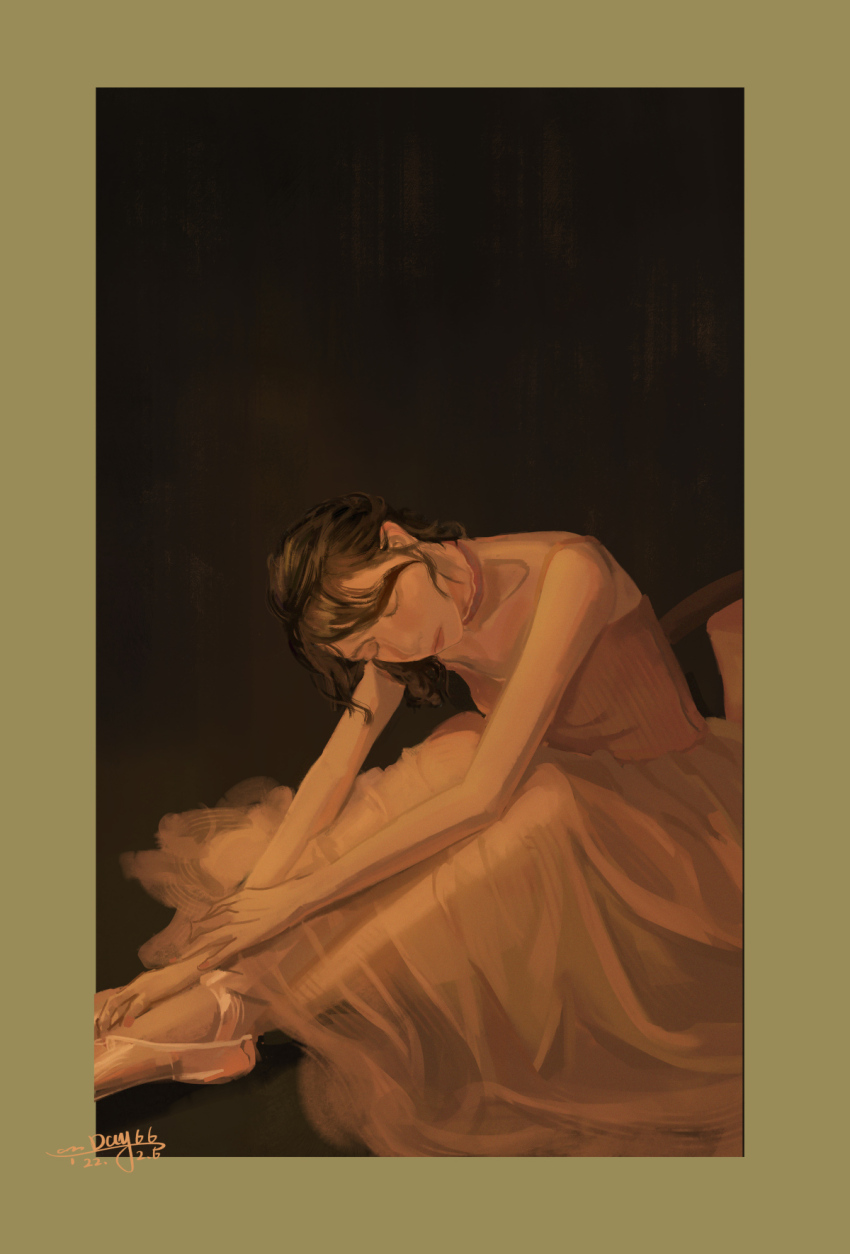 1girl ballet_slippers black_background border brown_hair chinese_commentary closed_eyes closed_mouth commentary_request dated dress expressionless feet_out_of_frame green_border hand_on_own_arm hand_on_own_foot highres lipstick long_dress makeup original pink_dress pink_shoes red_lips sanshui_guantang see-through_clothes see-through_skirt shoes short_hair signature skirt solo stretching