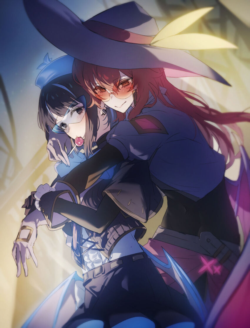 2girls arm_around_neck black_eyes black_gloves black_hair blue-tinted_eyewear candy chupa_chups cropped_jacket duel_monster evil_twin_ki-sikil evil_twin_lil-la food genyaky gloves hat highres holding holding_candy holding_food ki-sikil_(yu-gi-oh!) lil-la_(yu-gi-oh!) lollipop multiple_girls red_eyes red_hair short_hair short_sleeves signature skirt smile sunglasses tinted_eyewear white_gloves yu-gi-oh! yuri