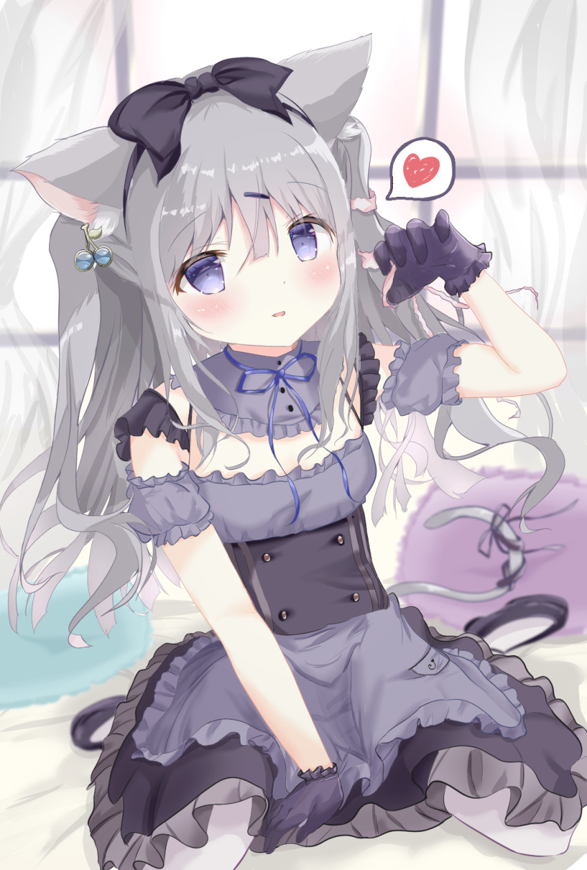 1girl amairo_chocolata animal_ear_fluff animal_ears apron between_legs black_gloves black_shoes blue_eyes blurry blurry_background blush bow breasts cat_ears cat_girl cat_tail detached_collar detached_sleeves dress dutch_angle eyebrows_hidden_by_hair frilled_dress frills gloves grey_hair hair_between_eyes hair_ornament hairband hand_between_legs hand_up highres indoors kneeling lace_trim long_hair looking_at_viewer mame4ba2525 neck_ribbon open_mouth panties paw_pose ribbon shoes sitting sleeveless sleeveless_dress solo tail tail_ornament two_side_up underwear wariza white_panties yukimura_chieri