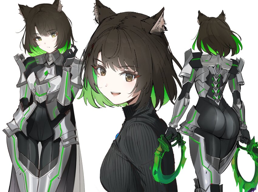1girl adapted_costume alternate_eye_color alternate_hair_color animal_ear_fluff animal_ears armor ass ass_focus black_hair cat_ears chest_jewel green_hair highres holding holding_weapon m_(xenoblade) mio_(xenoblade) multicolored_hair multiple_views official_alternate_costume open_mouth ormille short_hair two-tone_hair weapon xenoblade_chronicles_(series) xenoblade_chronicles_3 yellow_eyes