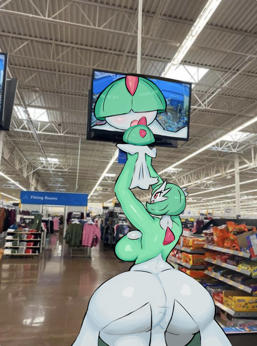 2girls ass back blush breasts camera clothes cowboy_shot derivative_work english_text eyelashes furry gardevoir gen_3_pokemon green_hair happy highres huge_ass huge_breasts indoors lifting_person looking_at_another mall mature_female meme mother_and_daughter multiple_girls nintendo open_mouth photo_(medium) pokemon pokemon_(creature) ralts red_eyes sath15 shiny_skin showing_baby_to_a_supermarket_camera_(meme) sideboob smile snack television wide_hips