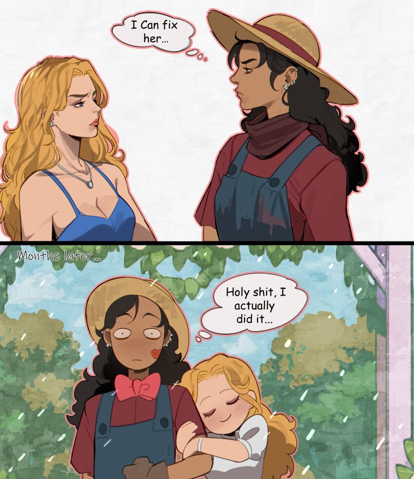 2girls absurdres bare_shoulders black_hair blonde_hair blush breasts cleavage collarbone couple dark-skinned_female dark_skin english_text haley_(stardew_valley) highres large_breasts long_hair multiple_girls omy-chan original shirt smile stardew_valley yuri