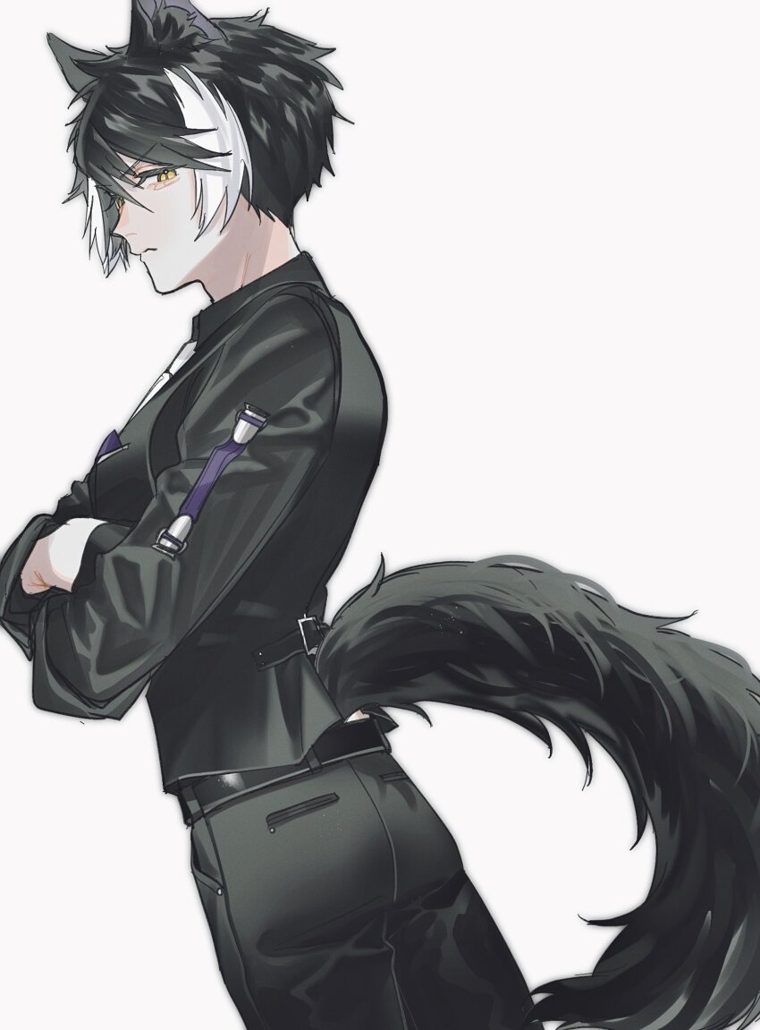animal_ears ass bishounen black_gloves black_hair black_pants black_tail commentary cowboy_shot crossed_arms gloves hashtag-only_commentary highres holostars jackal_boy jackal_ears jackal_tail kageyama_shien looking_at_viewer male_focus momiage_40 multicolored_hair pants simple_background solo tail virtual_youtuber white_background white_hair yellow_eyes