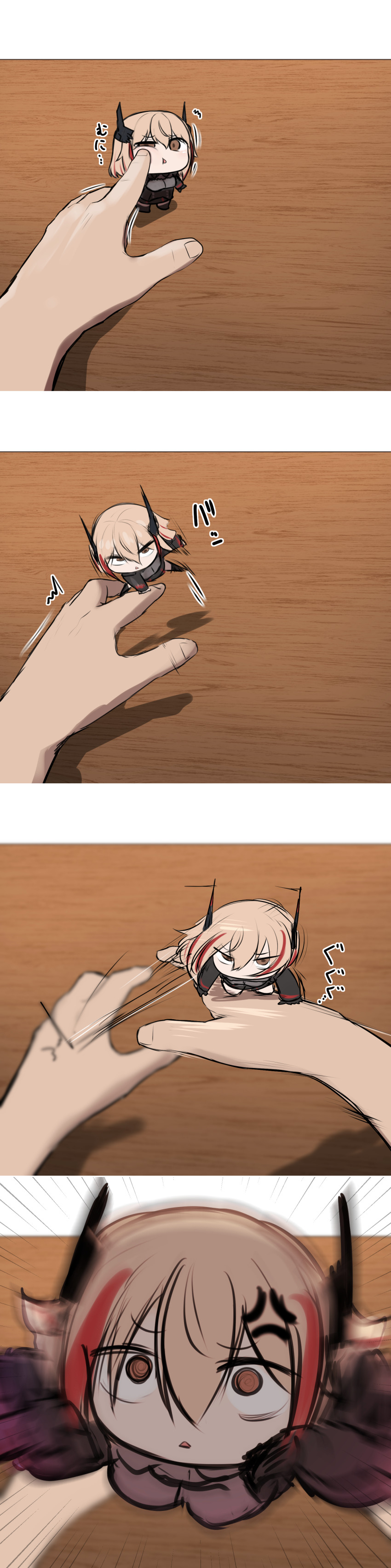 1girl absurdres akaoni_(zumt3548) blonde_hair chibi gloves highres jumping roon_(azur_lane) squeezing_cheeks tagme