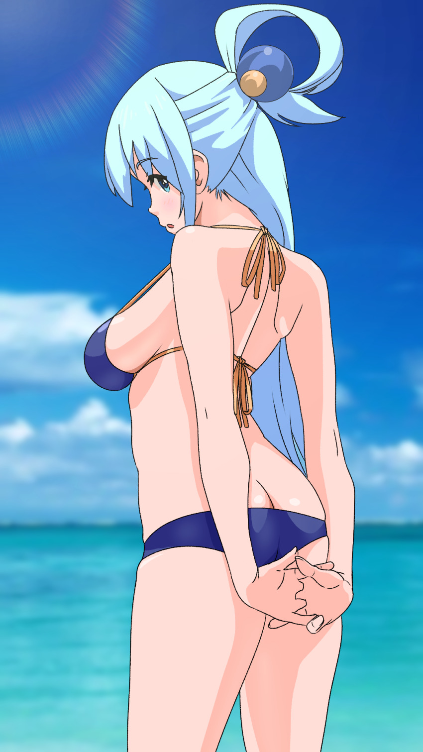 1girl aqua_(konosuba) ass beach bikini blue_bikini blue_hair breasts butt_crack hair_bobbles hair_ornament hair_rings highres kono_subarashii_sekai_ni_shukufuku_wo! long_hair self-upload sideboob solo swimsuit type_x