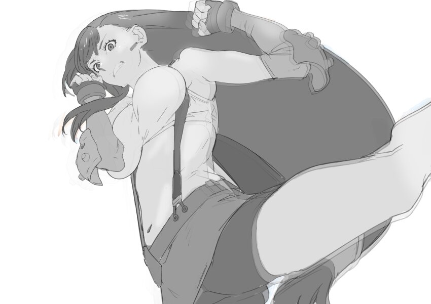 1girl absurdres bare_shoulders blush breasts clenched_teeth crop_top earrings elbow_gloves elbow_pads final_fantasy final_fantasy_vii fingerless_gloves gloves greyscale highres jewelry large_breasts long_hair low-tied_long_hair midriff monochrome navel skirt solo suspender_skirt suspenders tank_top teeth thighs tifa_lockhart wr_(karakusa_senbei)