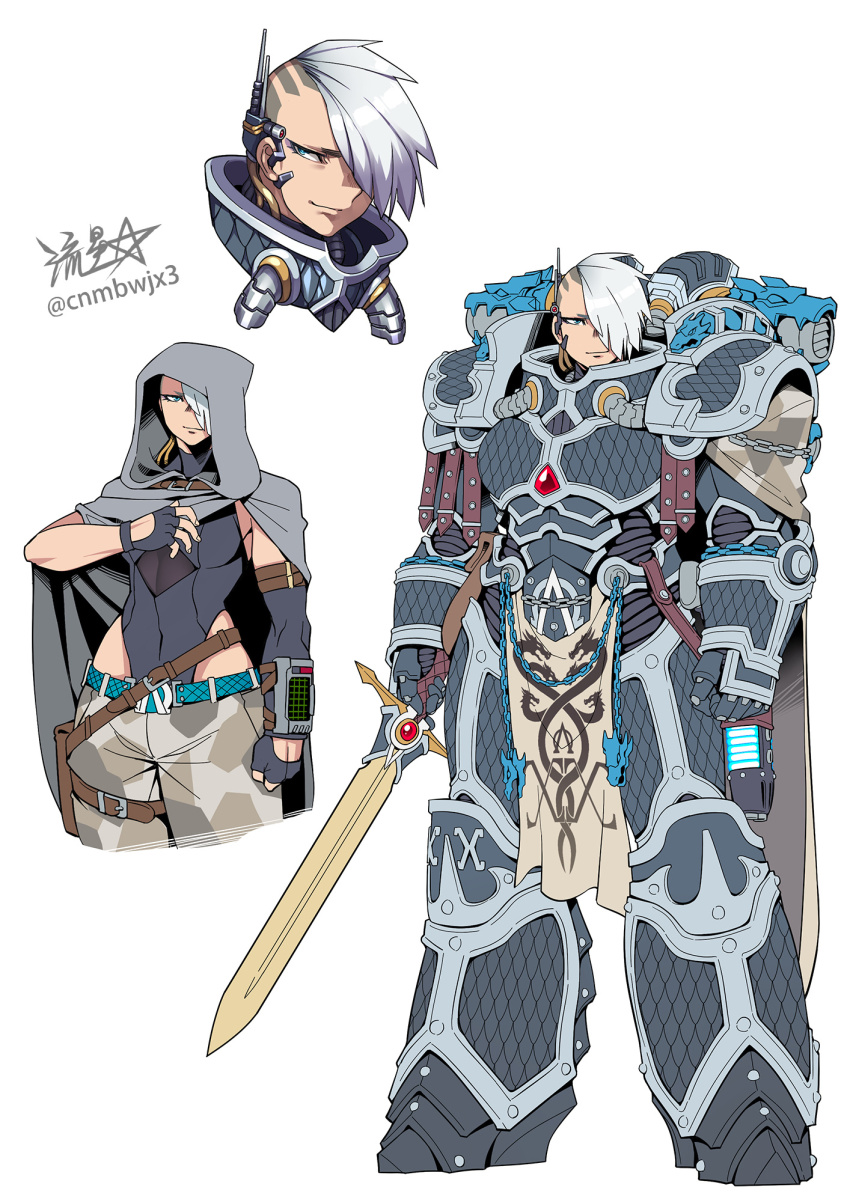 1girl alpha_legion alpharius alpharius_omegon armor belt black_leotard breastplate breasts camouflage camouflage_pants cape chain cloak closed_mouth clothing_cutout fingerless_gloves full_armor gauntlets genderswap genderswap_(mtf) gloves greaves highleg highleg_leotard highres holding holding_sword holding_weapon hood hooded_cloak large_breasts leotard multiple_views omegon pants pauldrons plasma_pistol power_armor primarch ryuusei_(mark_ii) short_hair shoulder_armor signature simple_background standing sword undercut warhammer_40k weapon white_background white_hair