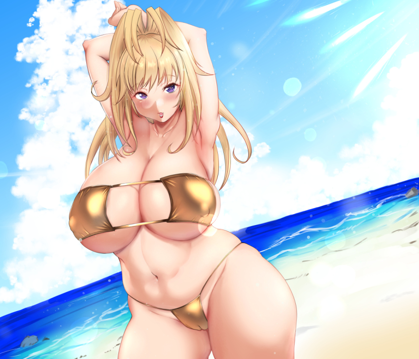 1girl armpits arms_behind_head arms_up beach bikini blonde_hair blush breasts cameltoe choujuushin_gravion choujuushin_gravion_zwei cleavage curvy huge_breasts large_breasts long_hair looking_at_viewer navel plump purple_eyes solo standing swimsuit tachibana_mizuki thick_thighs thighs