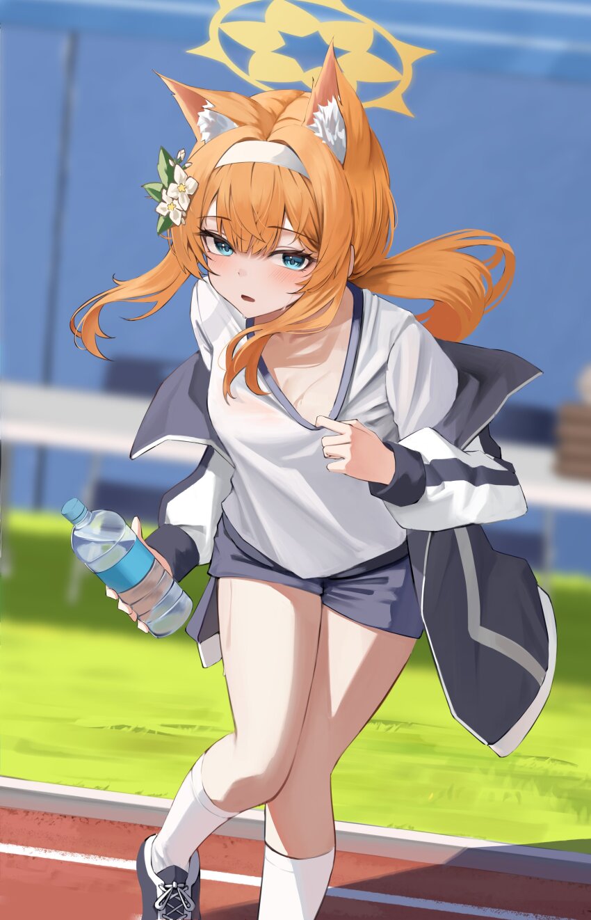 1girl absurdres animal_ears blonde_hair blue_archive blue_eyes blush breasts day gym_uniform halo hashtag-only_commentary highres long_hair looking_at_viewer mari_(blue_archive) mari_(track)_(blue_archive) mata_tab1 open_mouth outdoors small_breasts solo standing yellow_halo